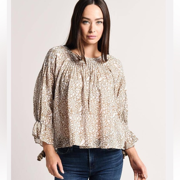 NEW Roberta Roller Rabbit My Jamuna Blouse Top 100% Cotton Tan Beige $135 XS - Picture 1 of 6